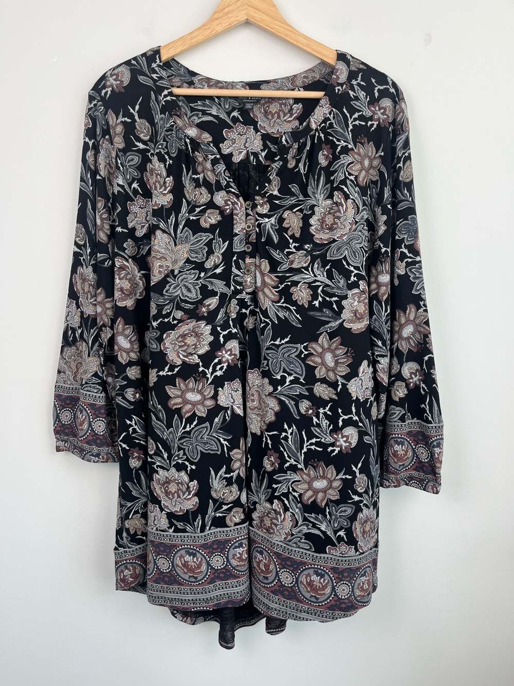 Lucky Brand 100% viscose black & brown floral paisley popover blouse top, 2X.